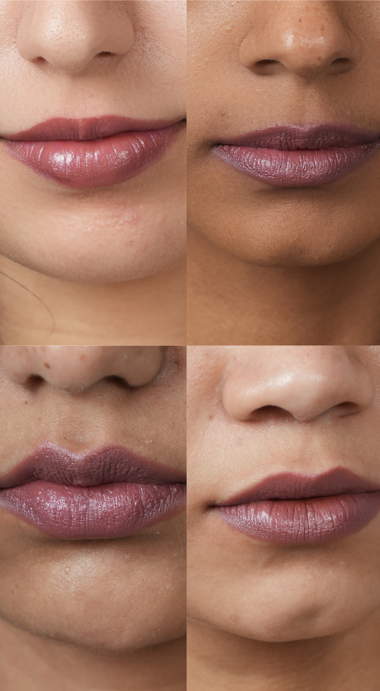Close-up of lips with a gradient of purple lipstick on different skin tones.